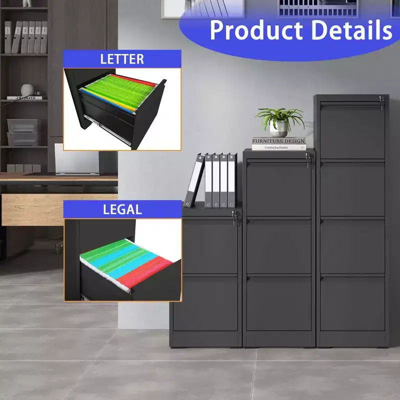 Classeur vertical à 4 tiroirs avec serrure, armoire de classement en métal avec serrure, meuble de rangement en acier pour dossiers de format A4/Lettre/Légal