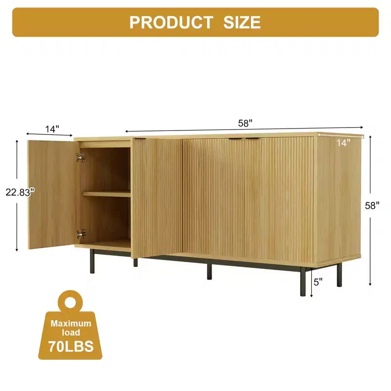 Meuble TV cannelé de 147 cm pour téléviseur de 65 pouces, console média moderne avec rangement, meuble TV de salon