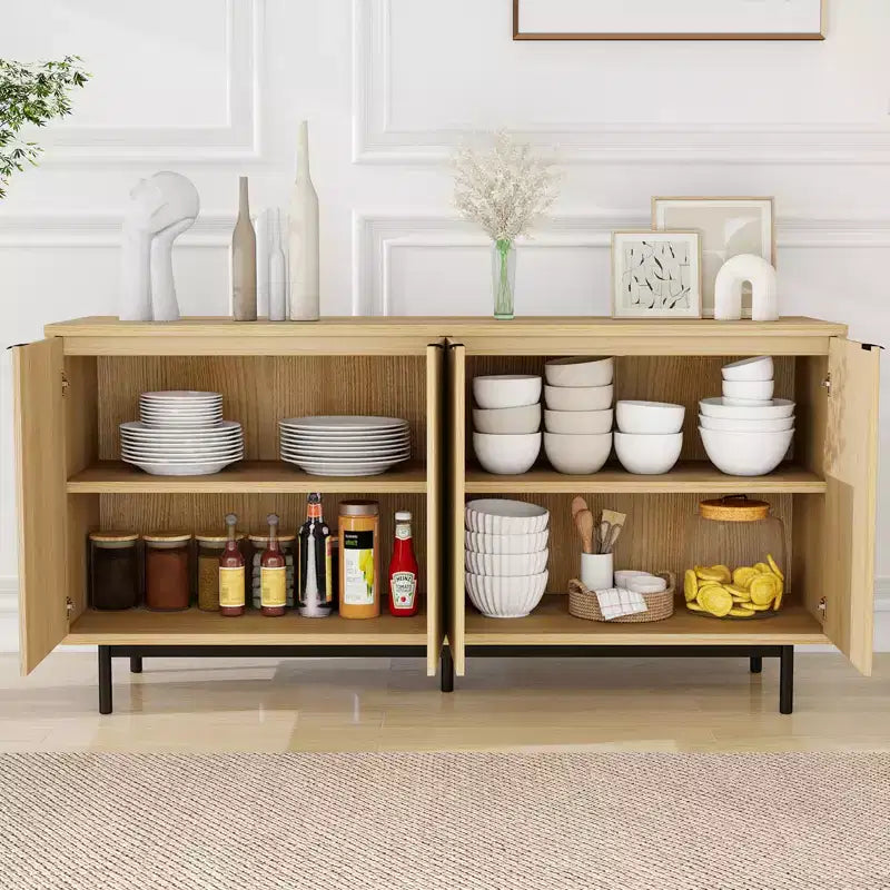Meuble TV cannelé de 147 cm pour téléviseur de 65 pouces, console média moderne avec rangement, meuble TV de salon