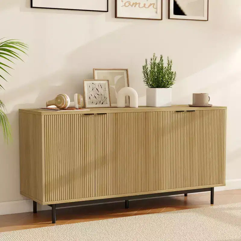 Meuble TV cannelé de 147 cm pour téléviseur de 65 pouces, console média moderne avec rangement, meuble TV de salon