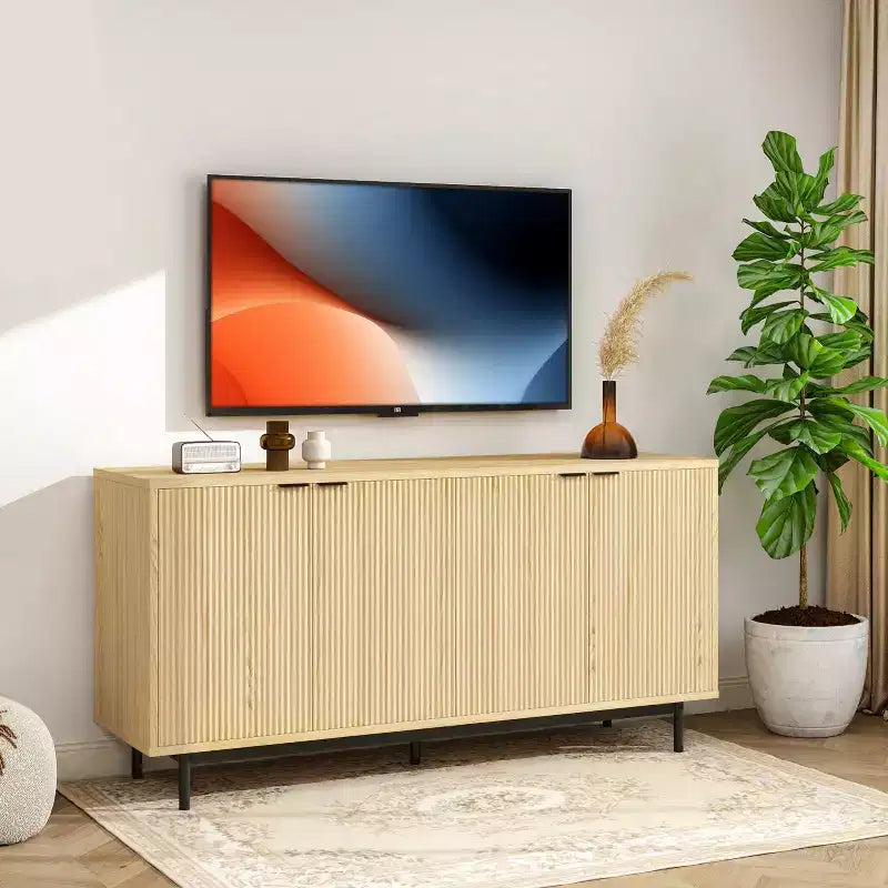 Meuble TV cannelé de 147 cm pour téléviseur de 65 pouces, console média moderne avec rangement, meuble TV de salon