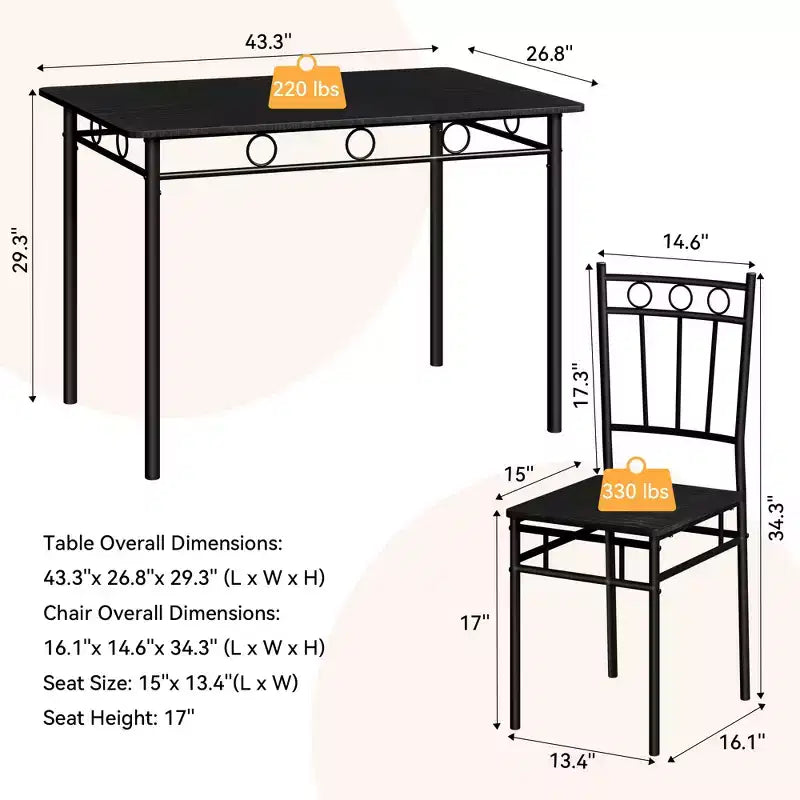 Ensemble de salle à manger 5 pièces pour 4 personnes avec table et chaises de cuisine, cadre métallique robuste, design moderne et peu encombrant