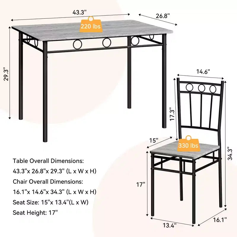 Ensemble de salle à manger 5 pièces pour 4 personnes avec table et chaises de cuisine, cadre métallique robuste, design moderne et peu encombrant