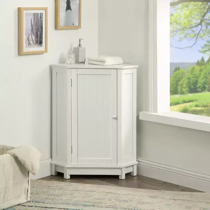 Clara Meuble de rangement d'angle autoportant en bois moderne en forme de triangle pour salle de bain avec étagère réglable