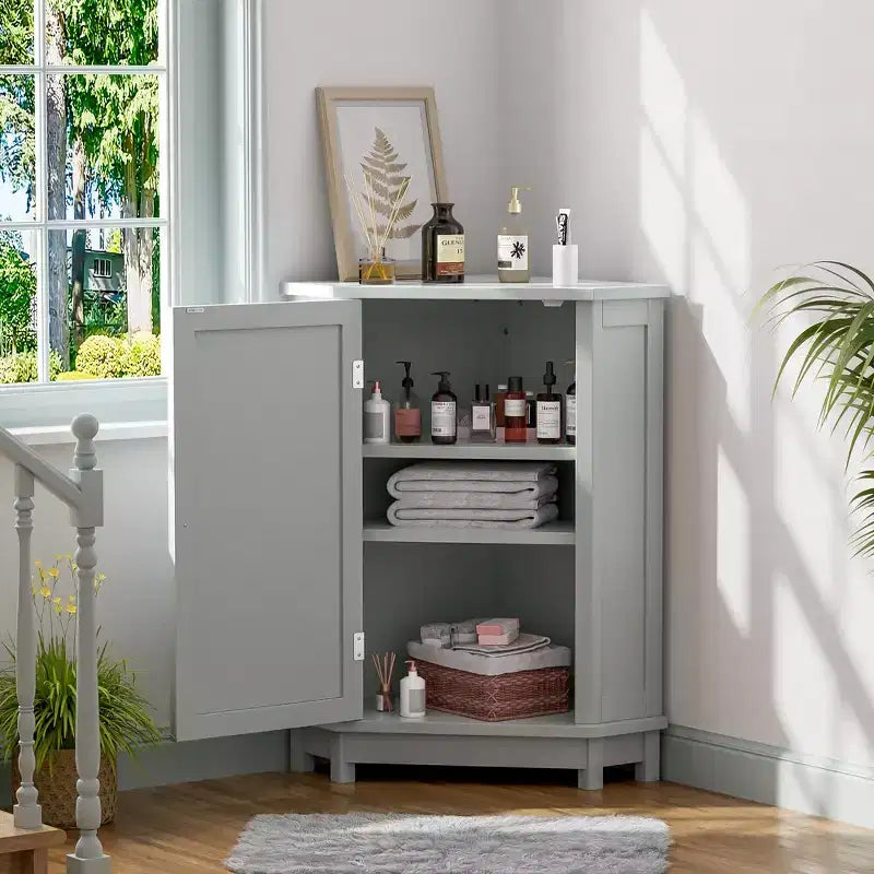 Clara Meuble de rangement d'angle autoportant en bois moderne en forme de triangle pour salle de bain avec étagère réglable