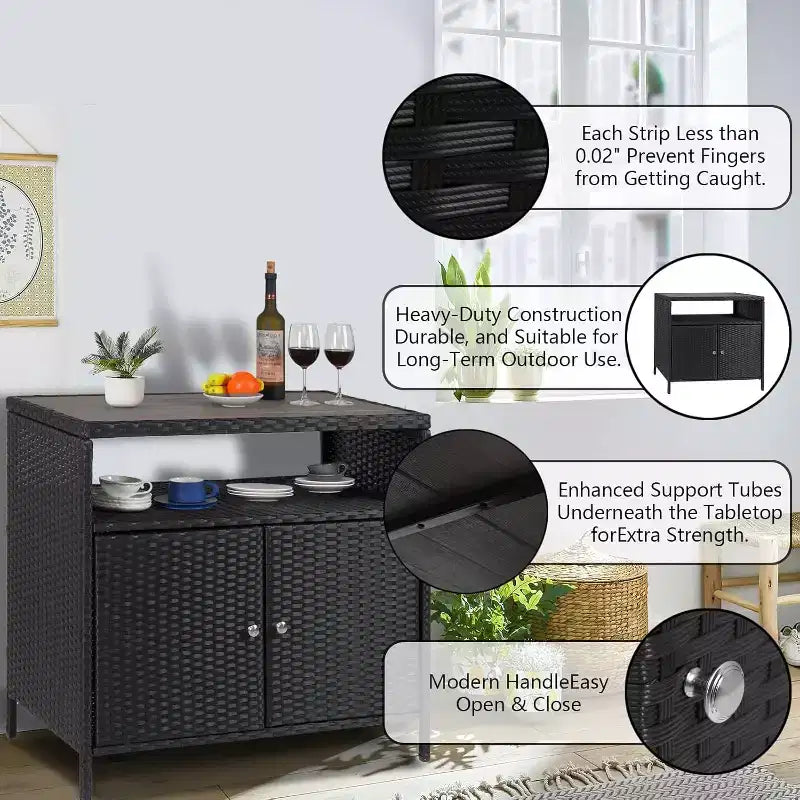 Meuble de rangement d'extérieur en osier avec étagère, table de bar de patio à 2 portes, rotin PE tout temps et acier enduit de poudre, organisateur de rangement de jardin/piscine pour patio
