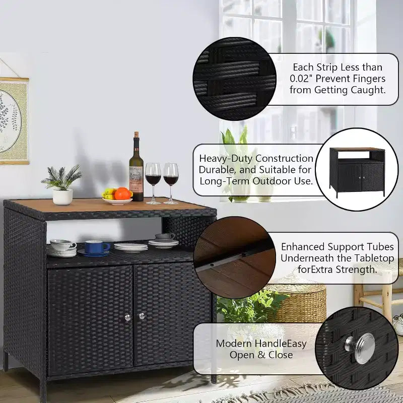 Meuble de rangement d'extérieur en osier avec étagère, table de bar de patio à 2 portes, rotin PE tout temps et acier enduit de poudre, organisateur de rangement de jardin/piscine pour patio