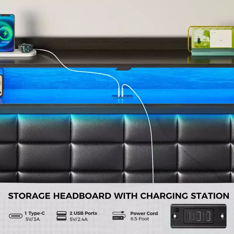 Cadre de lit double rembourré noir, lumières LED à intensité variable, station de charge USB, tête de lit de rangement et 2 tiroirs, robuste, assemblage facile