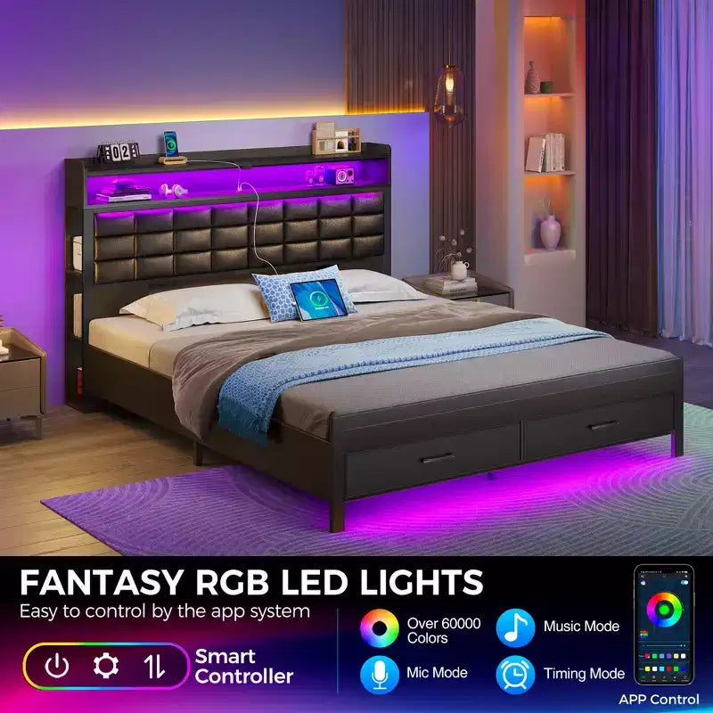 Cadre de lit double rembourré noir, lumières LED à intensité variable, station de charge USB, tête de lit de rangement et 2 tiroirs, robuste, assemblage facile