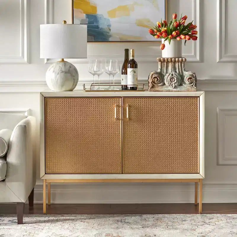 Buffet de porte en rotin Lati blanc antique/naturel : buffet de style glamour, étagères réglables
