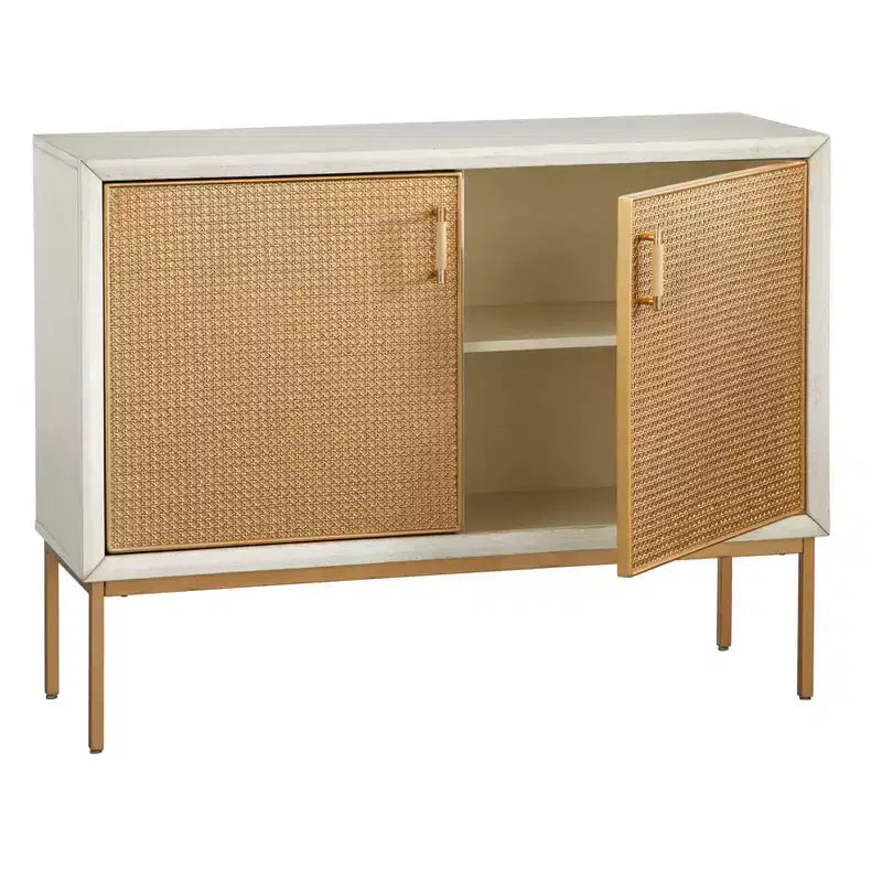 Buffet de porte en rotin Lati blanc antique/naturel : buffet de style glamour, étagères réglables