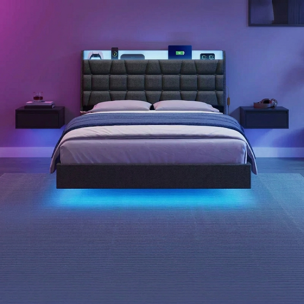 Cadre de lit flottant pleine grandeur avec lumières DEL, Cadre de lit double avec station de recharge, Tête de lit capitonnée avec rangement, Cadre de lit plateforme rembourré