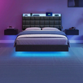 Cadre de lit flottant pleine grandeur avec lumières DEL, Cadre de lit double avec station de recharge, Tête de lit capitonnée avec rangement, Cadre de lit plateforme rembourré